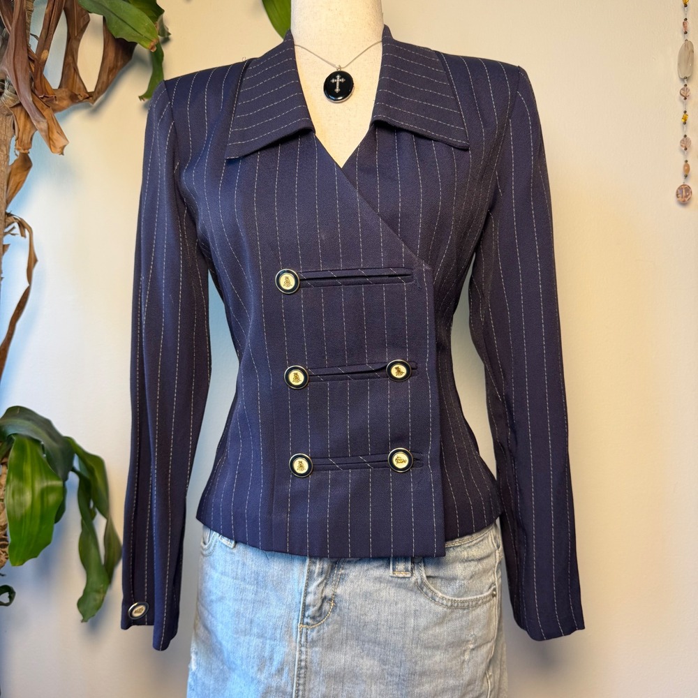 Vintage 90s Petite Perceptions Navy Pinstripe Sailor Jacket Gold Button Indie